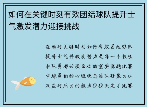 如何在关键时刻有效团结球队提升士气激发潜力迎接挑战