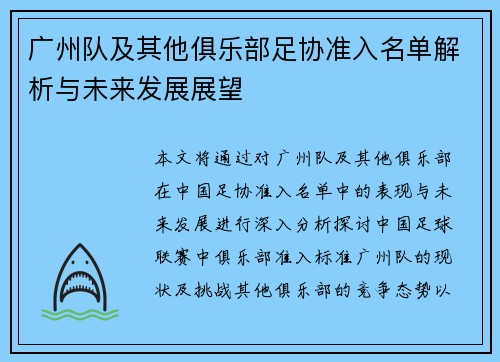 广州队及其他俱乐部足协准入名单解析与未来发展展望